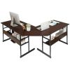 Modern Dark Brown Wood and Metal Corner L-Shaped Computer Desk