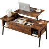 Modern Lift-Top Coffee Table Laptop Desk with Storage Shelf in Brown Wood Finish