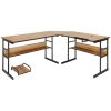 Modern Corner L-Shaped Computer Desk with Tilt Tabletop in Walnut Black Finish