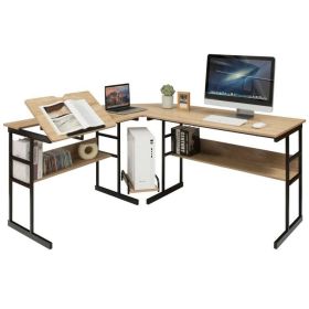 Modern Metal Wood Corner L-Shaped Computer Desk with Tilt Tabletop
